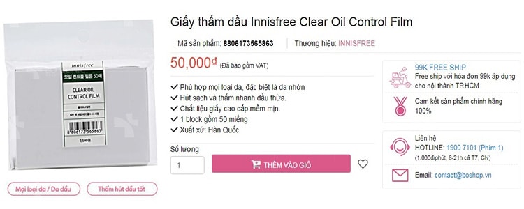 Mua giấy thấm dầu Innisfree Clear Oil Control Film giá rẻ tại BoShop.vn